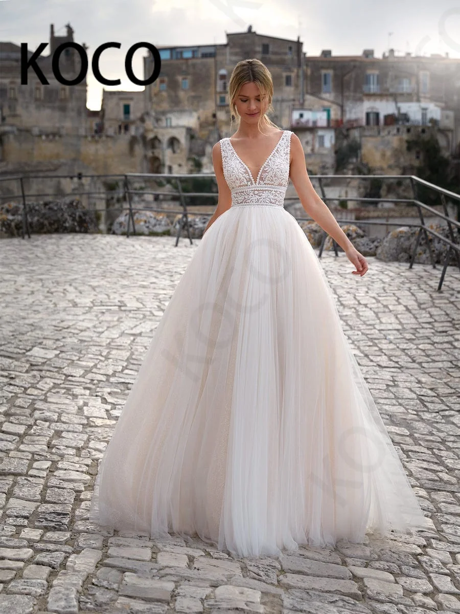 

MACDUGAL Wedding Dresses 2021 Boho V-Neck Tulle Beach Party Bride Gown Simple Appliques Vestido De Novia Civil Women Skirt