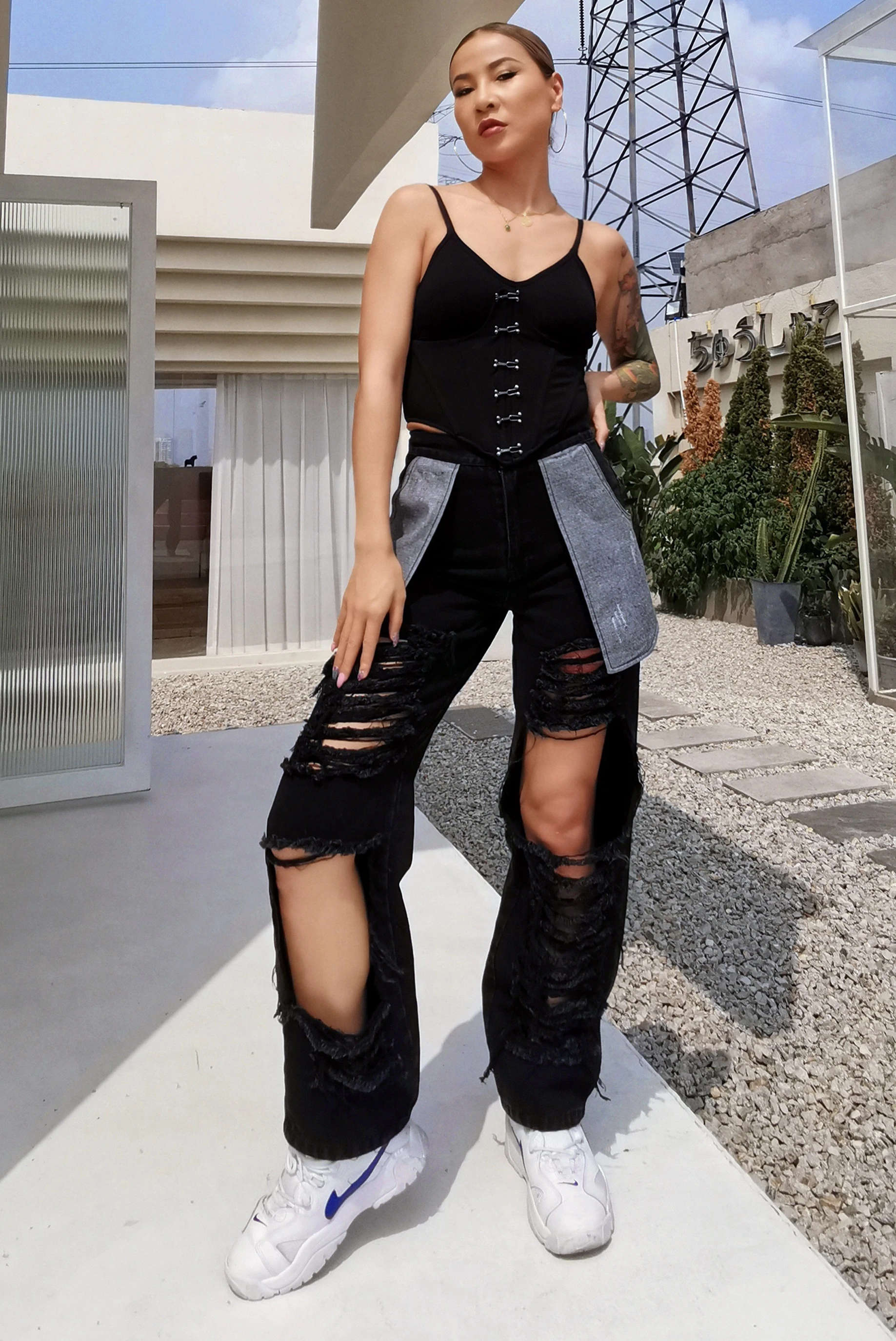 

DEAT 2021 new summer fashion women clothes high waist pocket spliced patchwork knee hollow out full length pants WR16301L