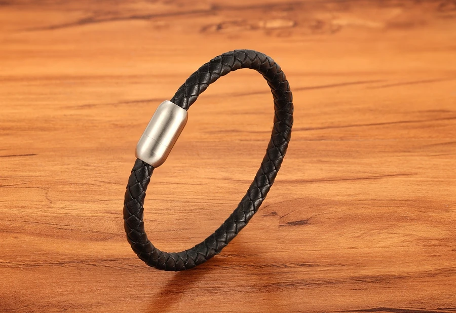 Fashion Simple Style Stainless Steel Men's Leather Bracelet Multi-color Black Leather Bangle For Boys Handsome Birthday Gift
