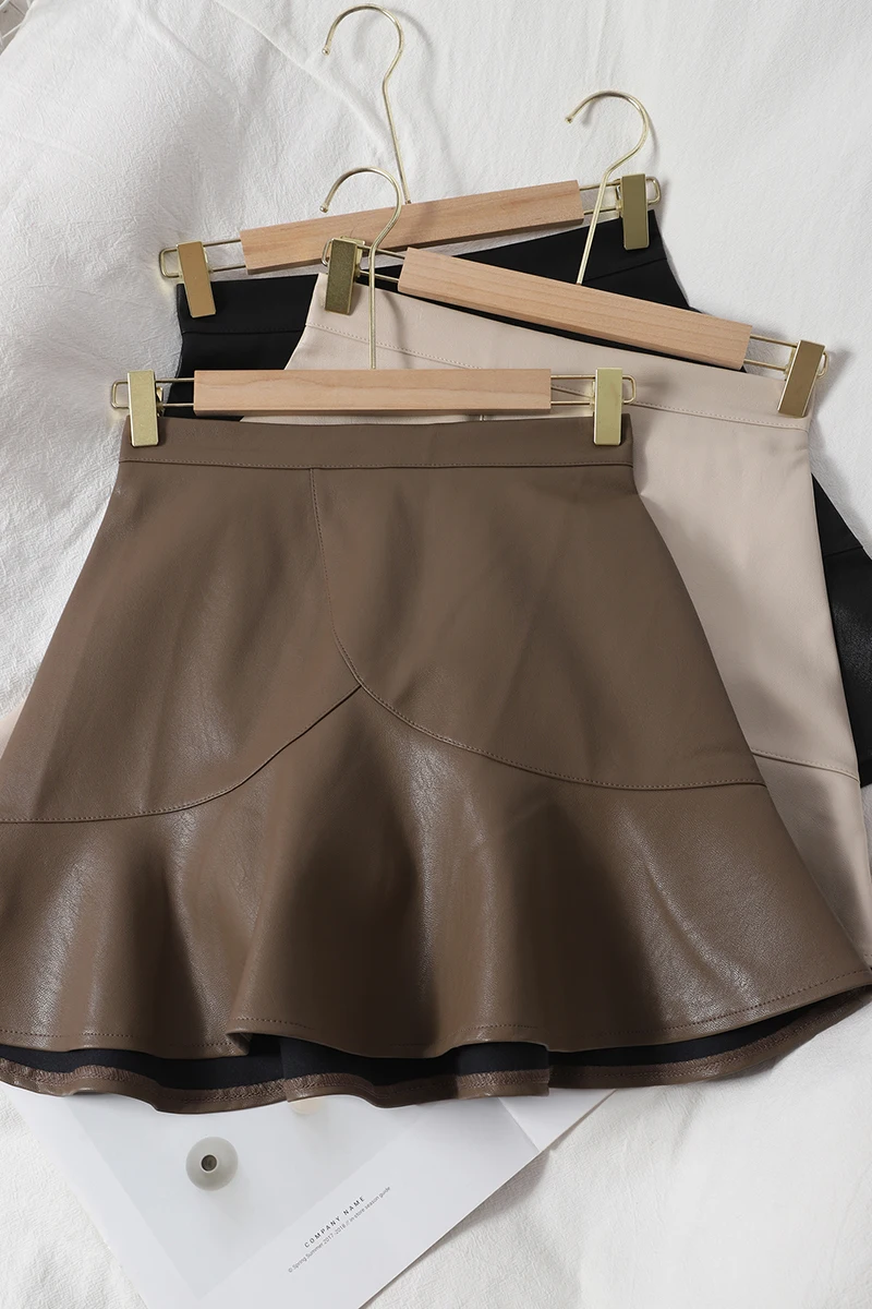 

Ruffel Leather Skirt for Women Above Knee Flare Empire High Waist Lolita Mini Skirts Punk Gothic Skort Cosplay Mujer Faldas