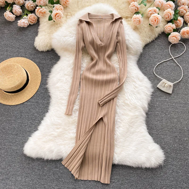 

Women's Autumn Winter Runway Fashion Vintage Elastic V Neck Split Dress Female Travel Chic Slim Party Dress TB212