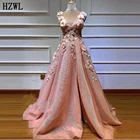 Женское вечернее платье из тюля, элегантное розовое платье с V-образным вырезом, объемными цветами, вышивкой бусинами, разрезом, без рукавов, 2020