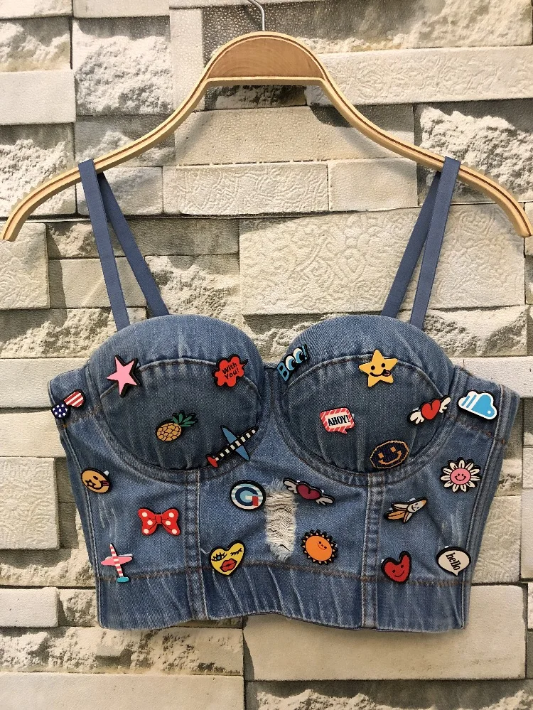 

Mayata New Cowboy Hole Push Up Denim Bustier Crop Top Womens Ripped Sexy Feminino Strappy Bralette Bras Camis Tops Cropped
