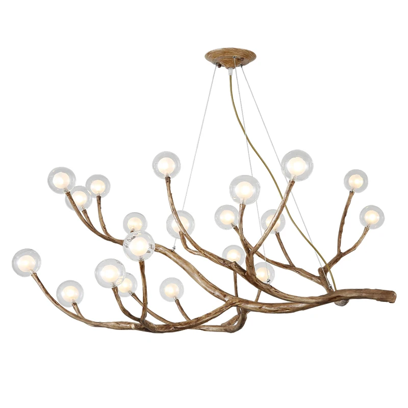 

YSN Rustic Tree Branch Chandelier Light Retro Wooden Pendant lamp farmhouse Kitchen Decor lustres suspension Glass Bubble lamp