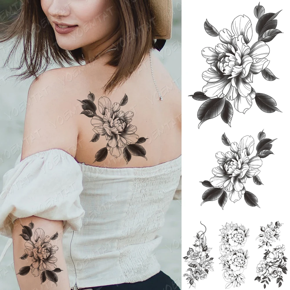 

Waterproof Temporary Tattoo Sticker Peony Flower Plum Blossom Flash Tattoos Female Black Minimalist Line Body Art Fake Tatto