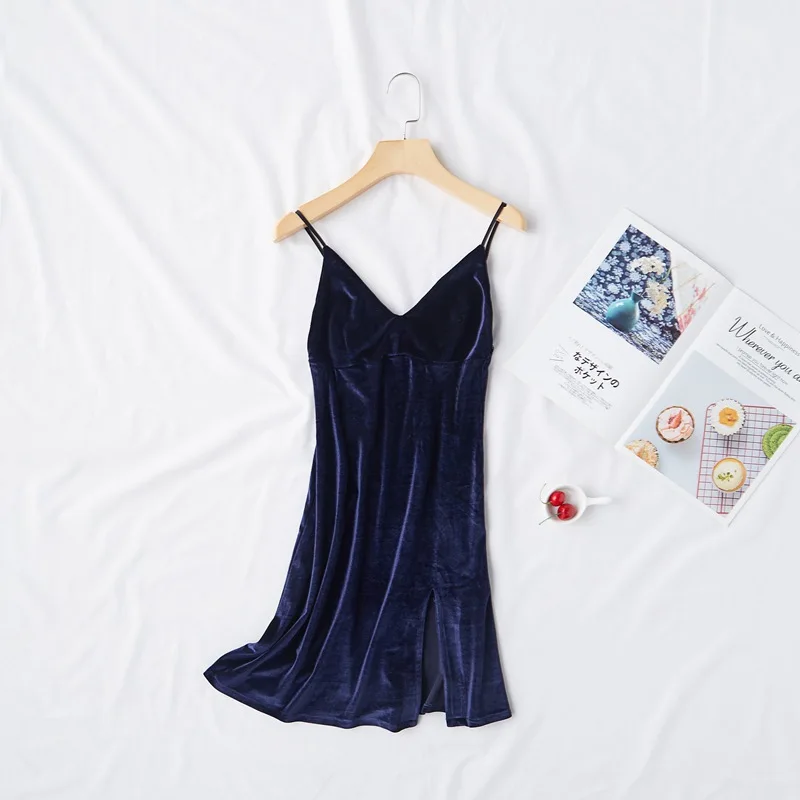navyblue Camisole Комплект из 2 предметов(халат+ ночная рубашка), женский халат, пижамный комплект, осень-зима, новинка, велюровая одежда для сна, ночная рубашка, повседневная домашняя одежда, M-XL - Цвет: navyblue Camisole