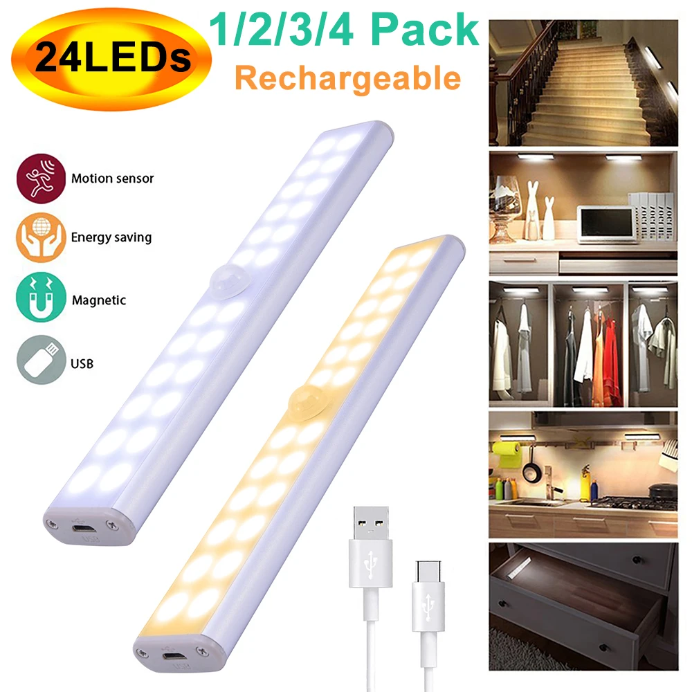 Ультратонкий светодиодный ночник с пассивным ИК датчиком движения, 24 светодиода, зарядка по USB, светодиодный Ник для шкафа, гардероба, буфета
