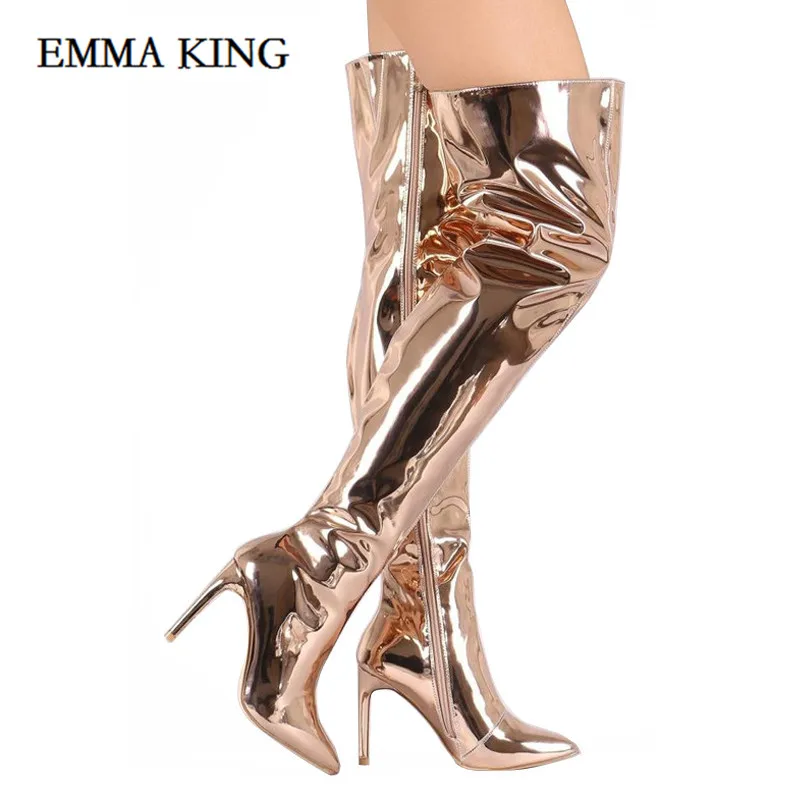 

Spring Autumn Women Over knee High Boots Sexy Mirror Silver Patent Leather Thin High Heels Long Boots Rihanna Style Shoes Women