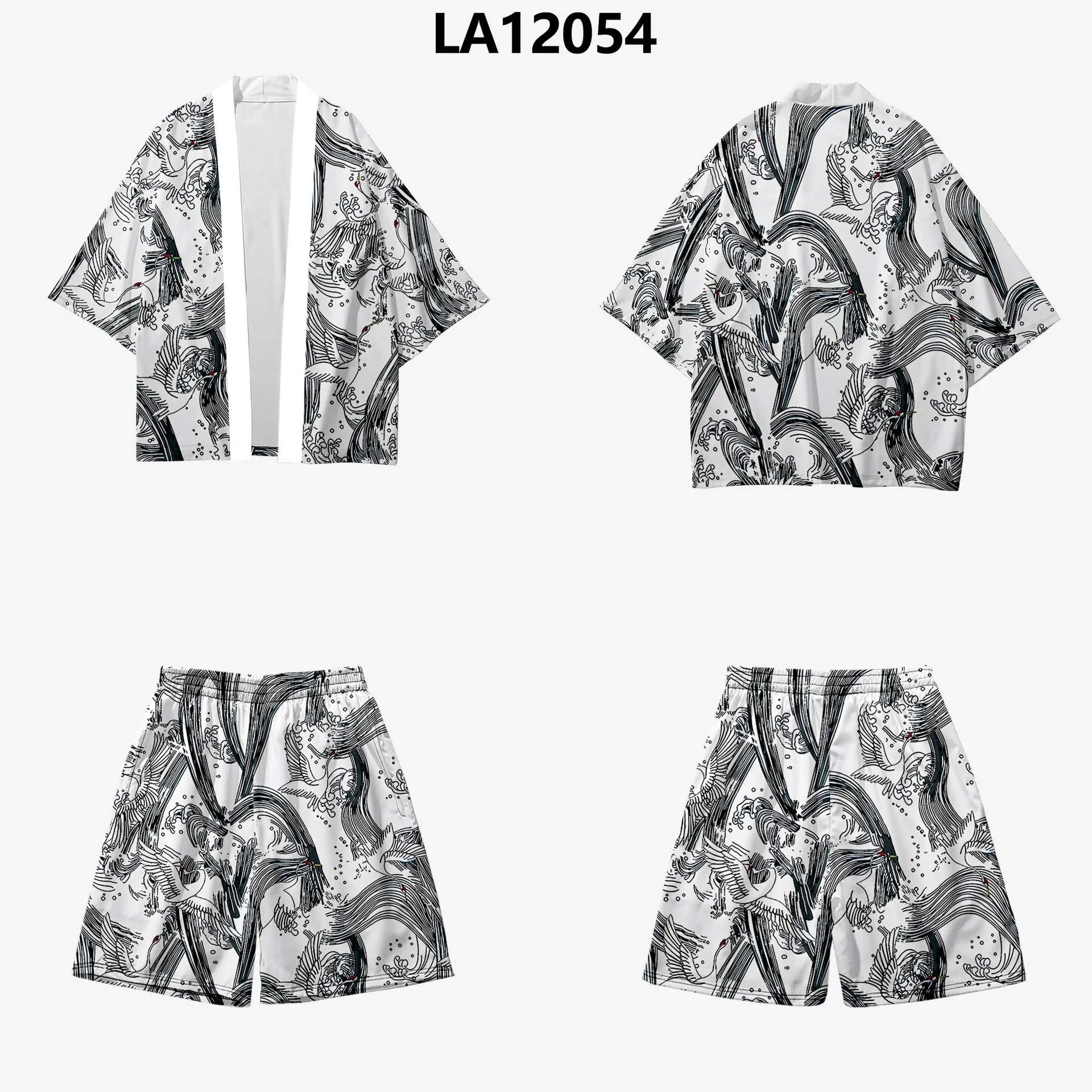 

Plus Size 6XL Loose Japanese Crane Print Cardigan And Shorts Set Men Harajuku Kimono Samurai Cosplay Blouse Yukata Clothing