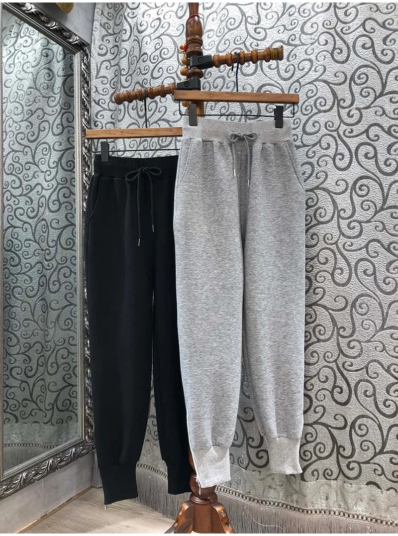 New 2020 Autumn Winter Hot Sale Pants Women Drawstring Waist Zipper Deco Rib Kniting Patchwork Casual Grey Black Basic Pant
