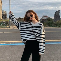 autumn winter loose stripe sweater women pullover v neck patchwork blended knitted sweaters streetwear female fashion one size
