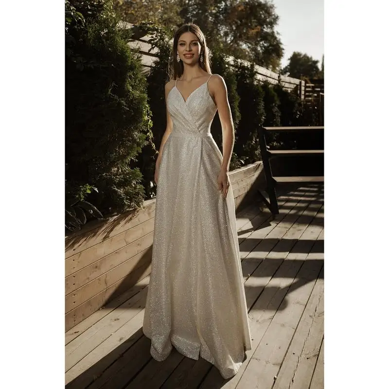 

Shiny V-Neck Spaghetti Straps Floor-Length A-Line Wedding Dresses Custom Made Sleeveless Bridal Gowns