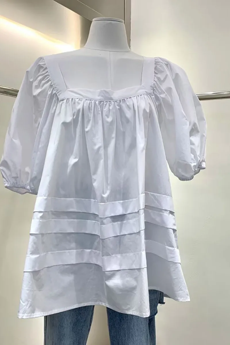

VANOVICH Fashion Korean Style 2021 Summer New Temperament Women Blouses and Tops Solid Color Square Collar Women Clothing