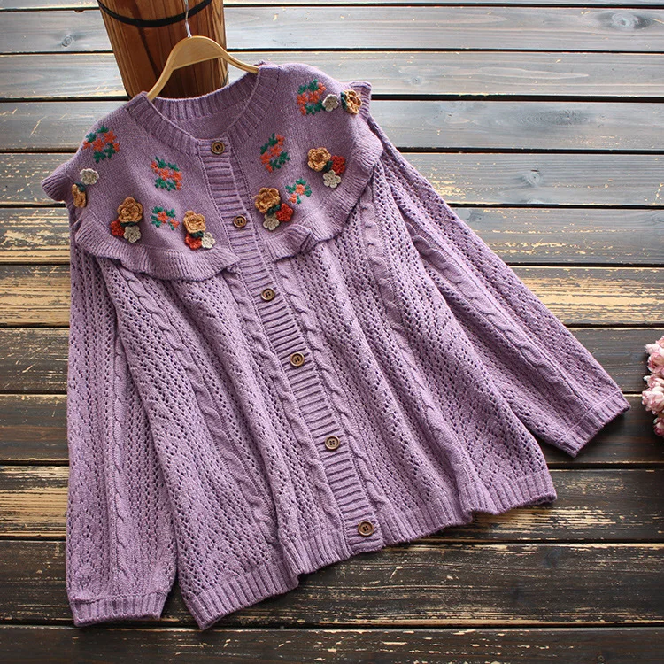 Женский шерстяной кардиган с цветочной вышивкой свободный трикотажный в стиле