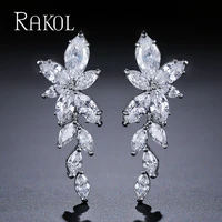 rakol fashion marquise cut flower zirconia crystal long drop earrings for women shiny leaf cz stone bridal wedding jewelry