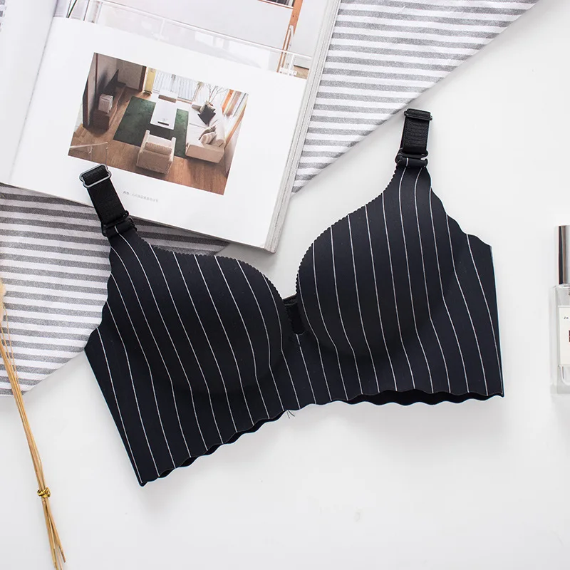 

Roseheart Women Fashion Black Skin Pink Striped Wireless Padded Bras Push Up Sexy One-Piece Bras Bralette Underwear Female