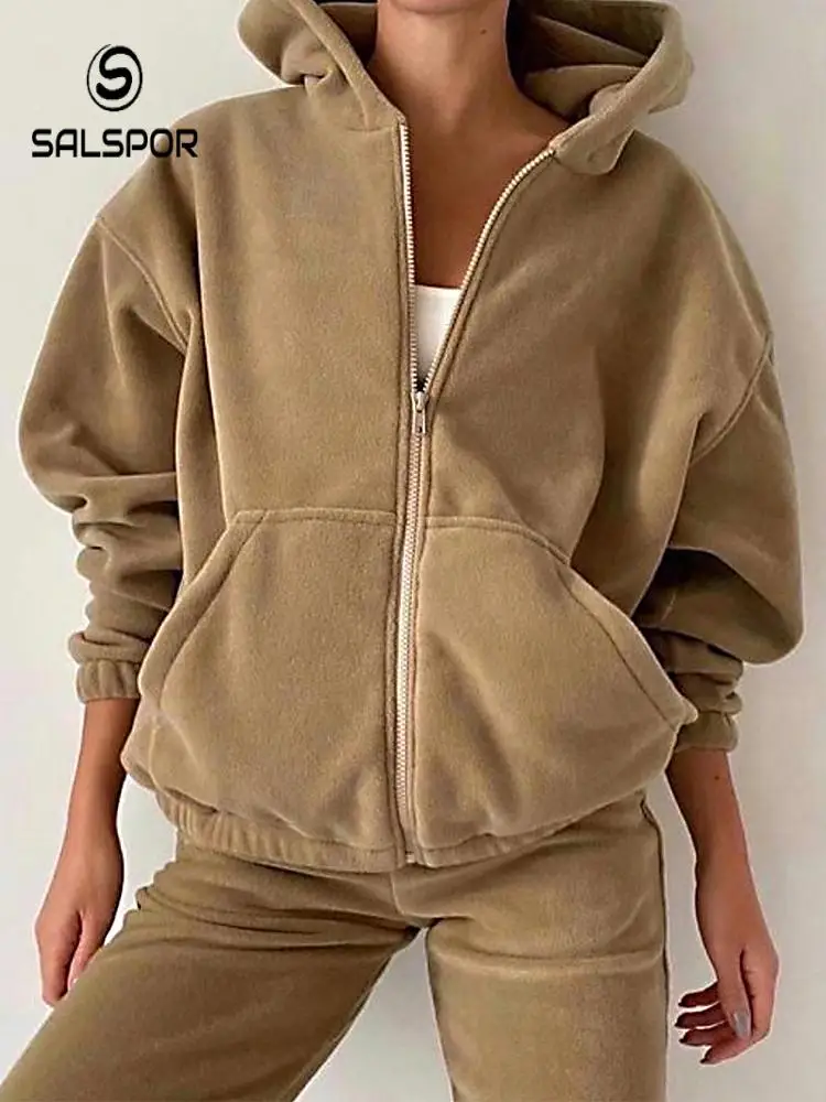 

Комплект SALAPOR женский из 2 предметов, толстовка с капюшоном и молнией, Повседневный свитер, костюм, спортивный костюм, однотонная женская оде...