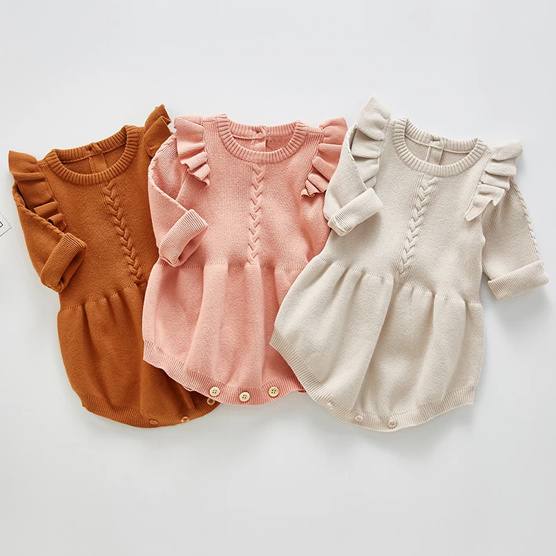 

Свитер для новорожденных детей 0-24 месяцев, осенне-зимний комбинезон с кружевными рукавами и оборками для маленьких девочек, теплая хлопков...