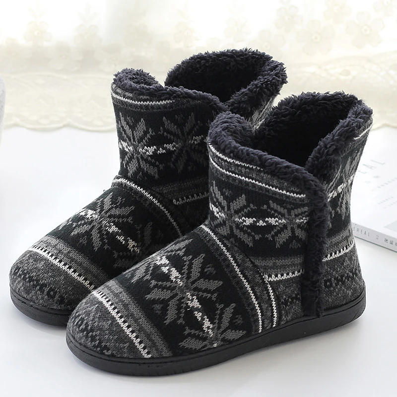 

en's slippers winter warm shoes house slippers couple outdoor black jacquard rubber sole non-slip woman slippers