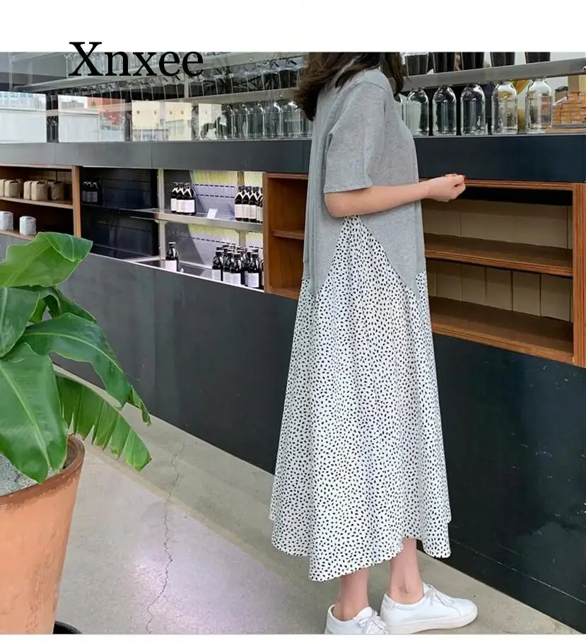 

boho New Casual Plus Size 5XL Women Dresses Patchwork Dot Print Female Vestidos Summer Fake Two Piece Loose Dress Brand Robe