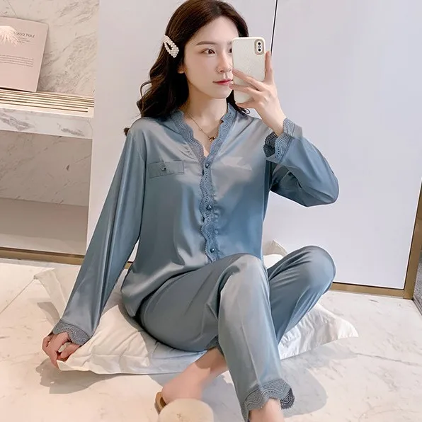 

Satin Pajamas Suit For Women Pj's 2PCS Button-Down Shirt&Pants Lace Sleepwear V-Neck Home Clothes Thin Comfy Intimate Lingerie