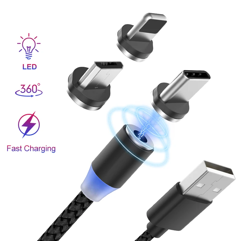 1 м светодиодный магнитный USB кабель для iPhone Xs Max & Type C Micro Huawei Samsung Xiaomi