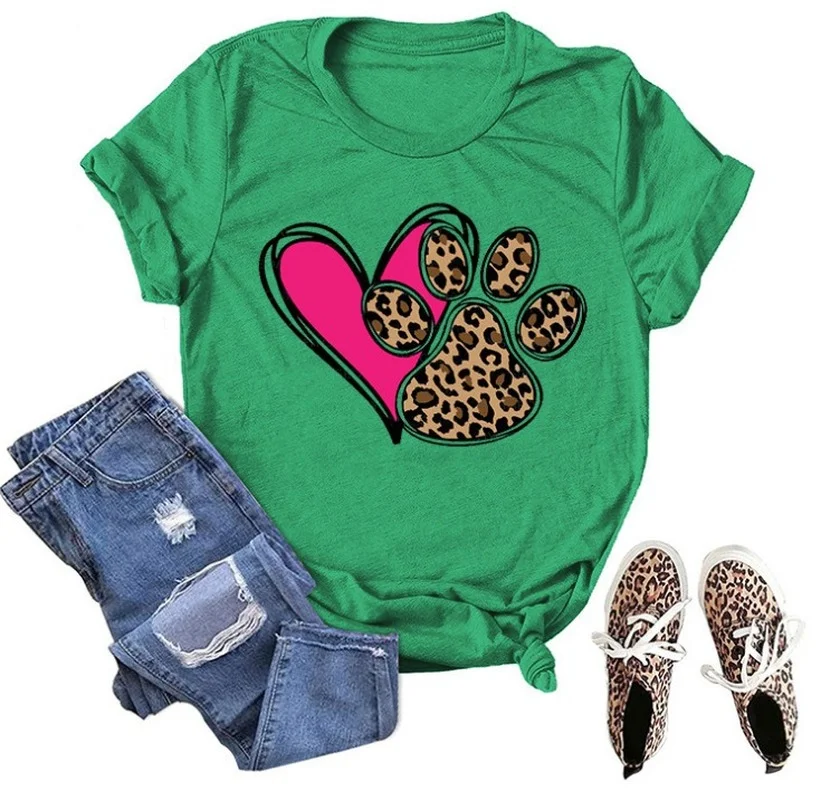 

Laopard footprint Heart Print Women T Shirt Short Sleeve O Neck Loose Women Tshirt Ladies Tee Shirt Tops Clothes Camisetas Mujer