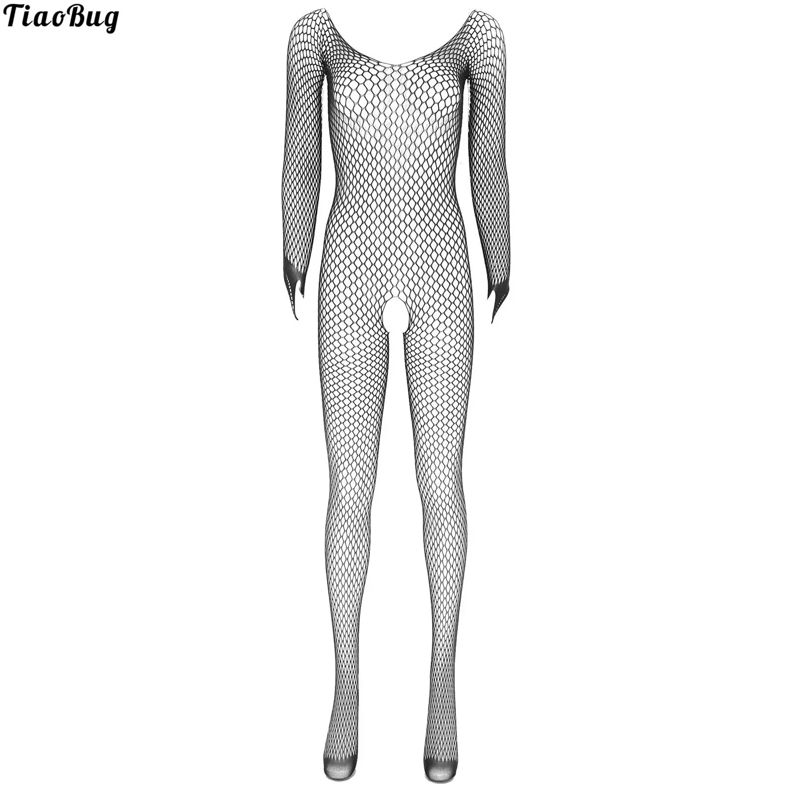 

TiaoBug Women See-Through Mesh Bodystocking Round Neck Long Sleeve Crotchless Bodysuit Stretchy Nightwear