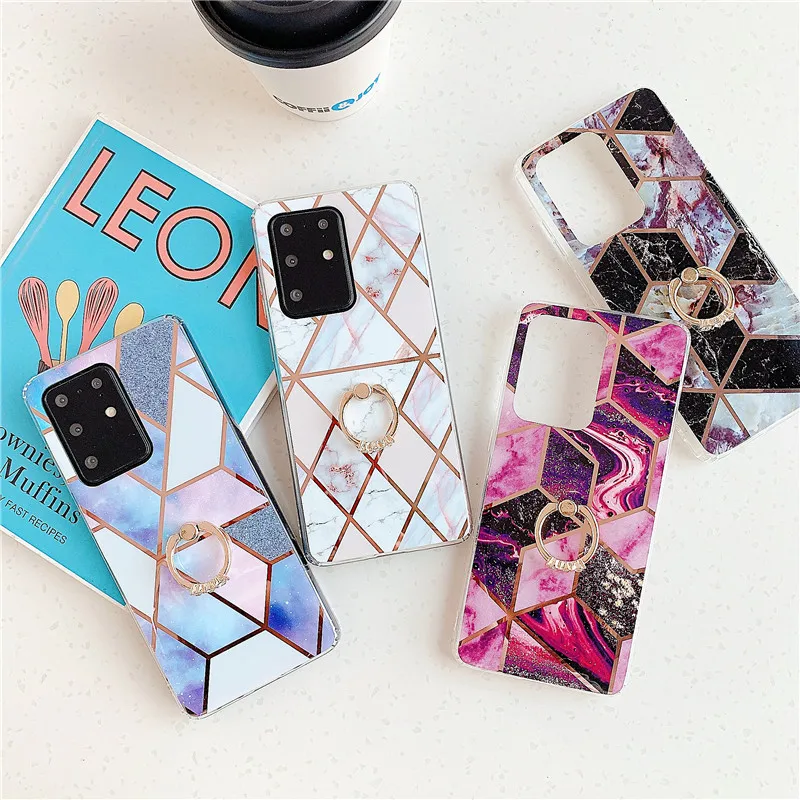 Geometric Marble Ring Holder Case For Samsung Galaxy S20 Ultra A 50 30 20 10 S 51 71 70 S10 e S9 S8 Plus S7 Case Soft Epoxy Case