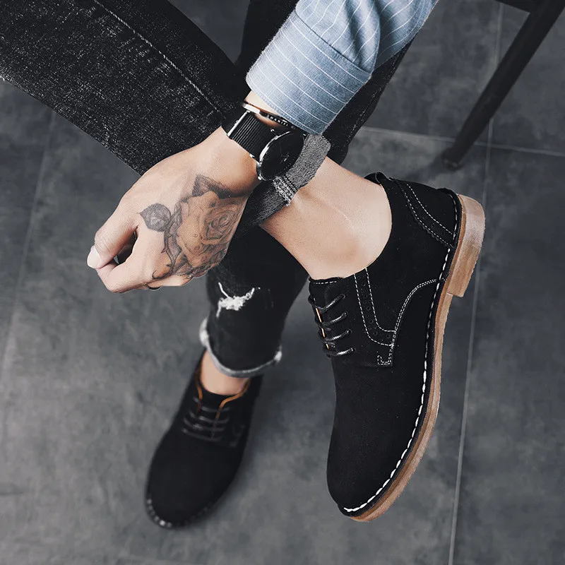 

2019 Autumn Suede Leather Shoes Retro Lace Up Casual Men's Dress Shoes Soft Comfortable Sewing Thread Man Footwear Flats