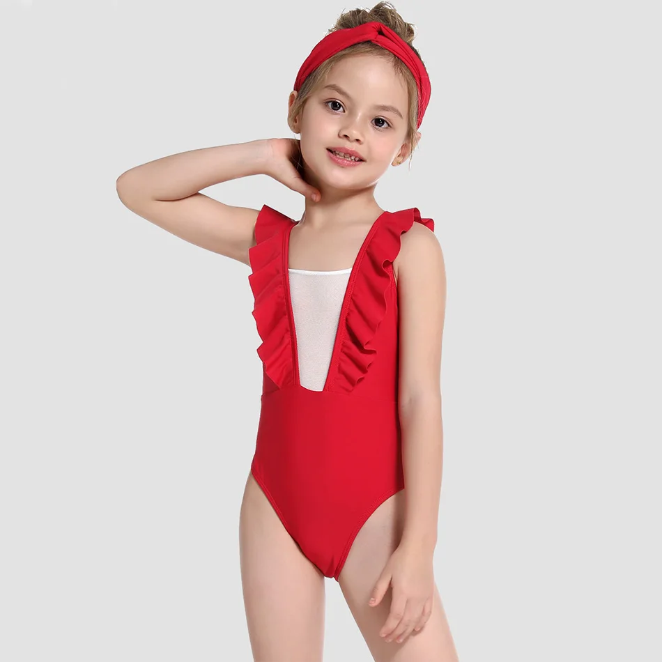 Купальник с оборками для девочек слитный детский купальник сетчатый купальный