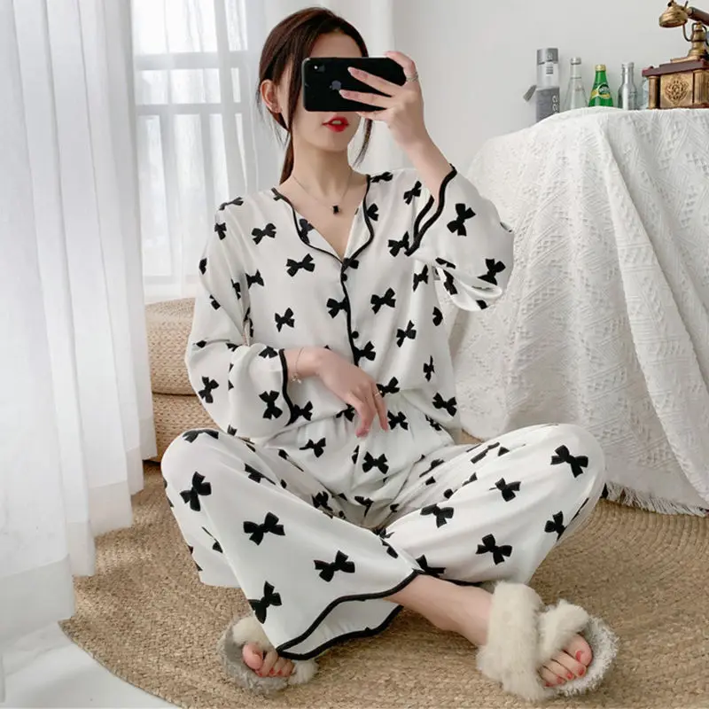 

Женская ночная рубашка с длинным рукавом и бантом, F64