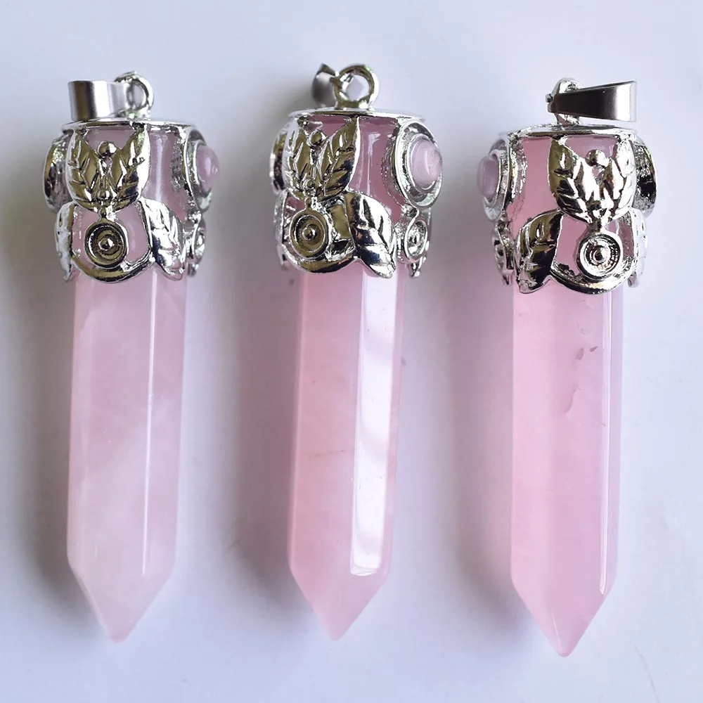 

2020 fashion top quality natural stone pink Hexagonal pillar charms point Pendants 10x52mm Wholesale 6pcs/lot free shipping
