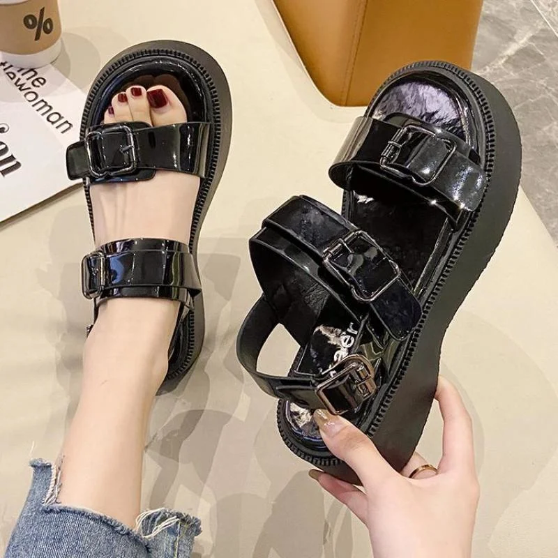 

Сандалии женские на толстой подошве, однотонные туфли с ремешком и пряжкой, плоская платформа, римские повседневные туфли, сандалии с откры...