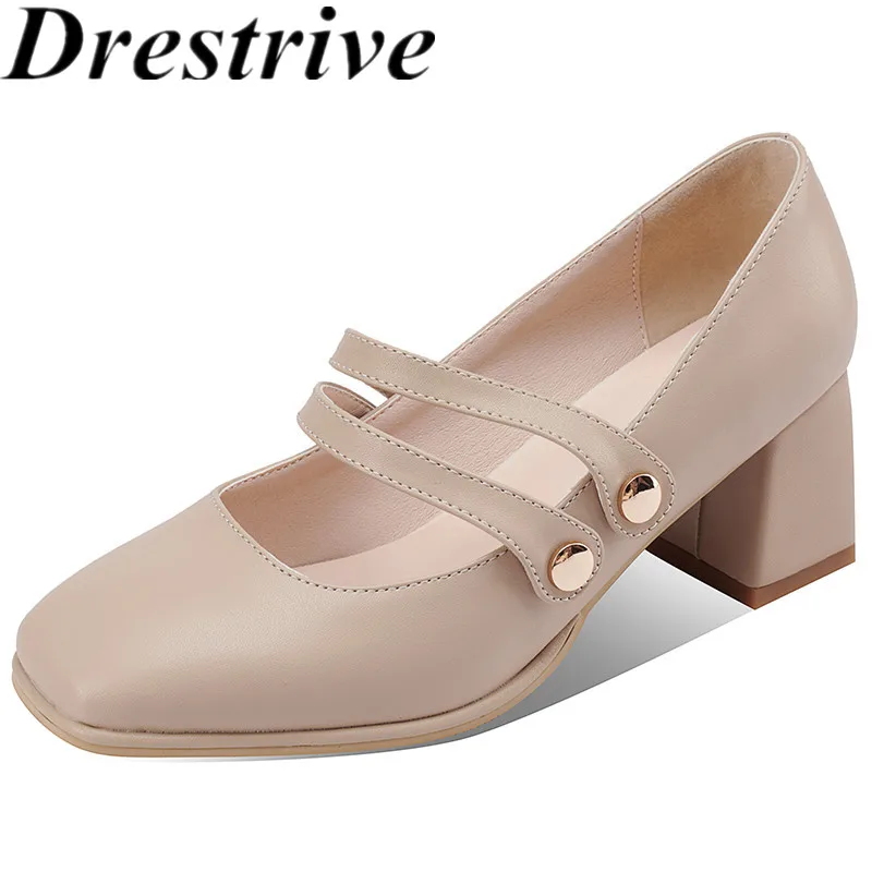 

Drestrive PU Leather Square Toe Mary Janes Button 2021 Summer Women Pumps Thick High Heels Khaki Shallow Big Size 43