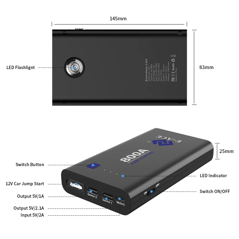 E-ACE стартер Power Bank для автомобиля Стартер пусковое устройство батарея booster batterie