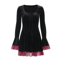gothic dark velvet dress women harajuku streetwear lace patchwork flare sleeve dress y2k emo alt mall goth party dress