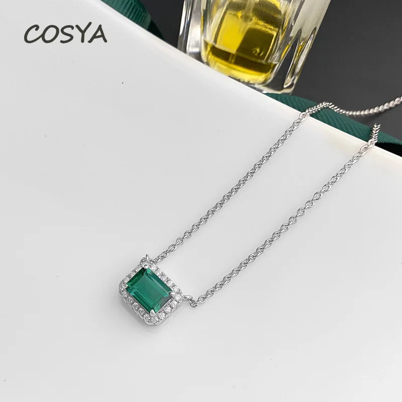 

COSYA 100% 925 стерлингового серебра прямоугольника изумрудное ожерелье с подвеской с высоким содержанием углерода со стразами в винтажном двор...