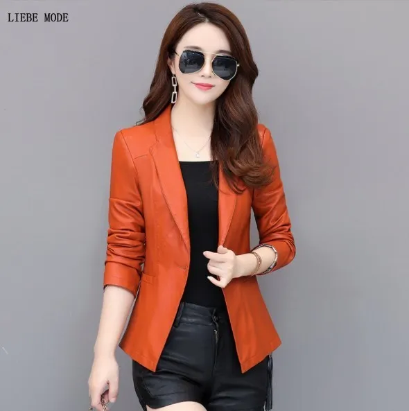 High Quality Faux Leather Blazer Women Slim Fit Motorcycle Biker Short Design Suit Jackets Notched  Pu Coats Orange Black Green