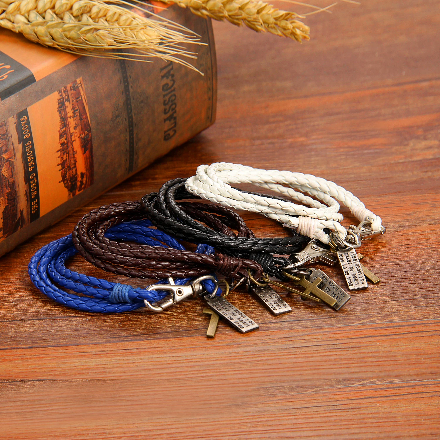 Мужской многослойный Плетеный браслет черный кожаный с крестом винтажная