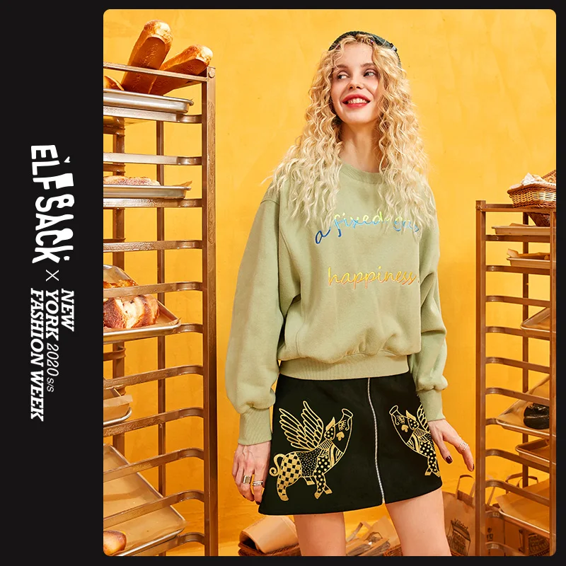 ELFSACK Black Pig Print Korean Style Women Mini Skirt Autumn Fashion Streetwear Bronzing Retro Vintage A Line Female Skirts