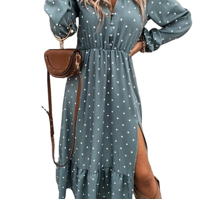 

Dot Woman Casual Dresses Beach Long Sleeve V Neck Print High Waist Female Dress Split Elegant Plus Size Midi Dress 2021 Spring