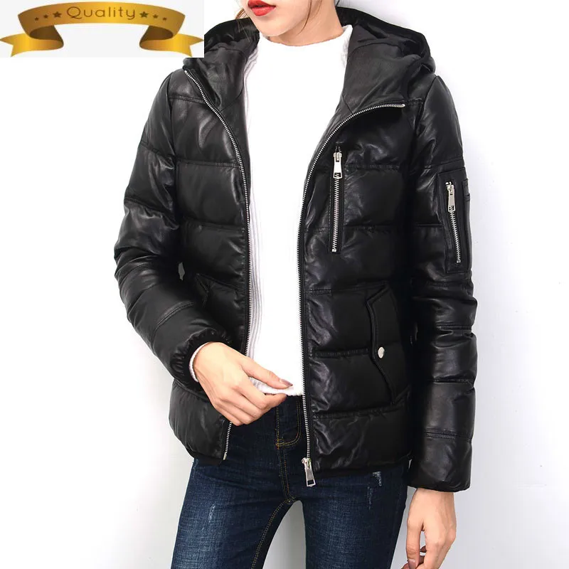 

Women's Leather 2021 Jacket Sheepskin Coat Genuine Leather Down Jacket Hooded Autumn Winter Real Leather Jackets 818A KJ4320