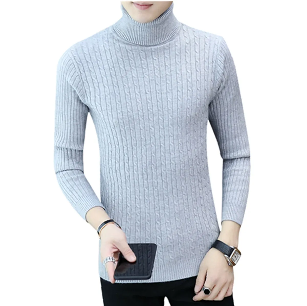 Осенний и зимний мужской свитер водолазка облегающий с косичками Одноцветный