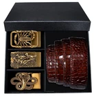 Мужской ремень Hi-Tie из крокодиловой кожи, дизайнерский Свадебный деловой пояс с автоматической металлической пряжкой, красный, из воловьей кожи, подарочный набор