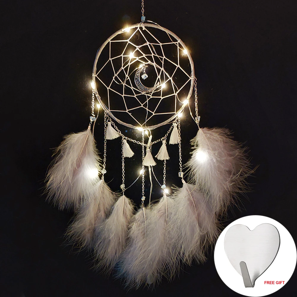 L With light Настенный Ловец снов, светодиодный ручной работы, перо, Ловец снов, плетеный колокольчик, искусство для Ловец снов, подвесной автомобиль, украшение для дома - Цвет: L With light