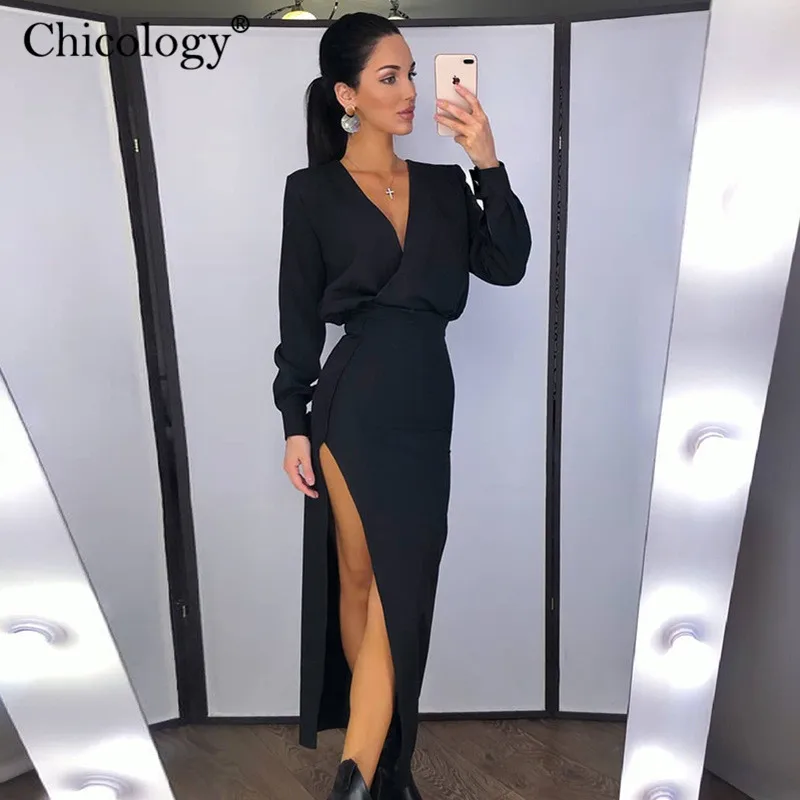 Chicology 2019 Бандажное Платье макси с длинным рукавом разрезом сбоку вечерние