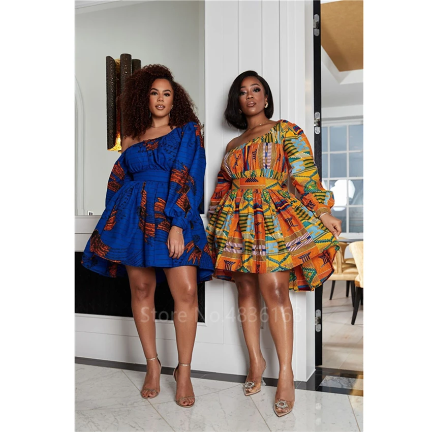 Африканские платья для женщин с длинным рукавом летнее платье наклонным плечом