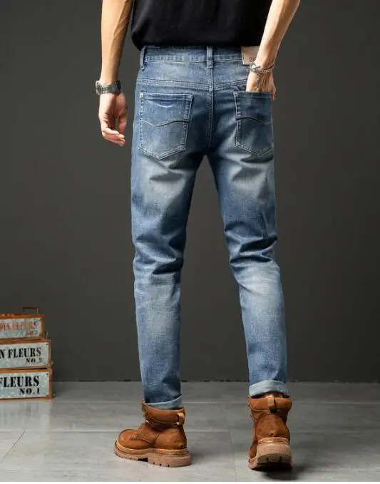 Classic Men Jeans Retro Stretch Straight Jeans Men's Spring AutumnDenim Trousers Casual Slim-Fit Jeans