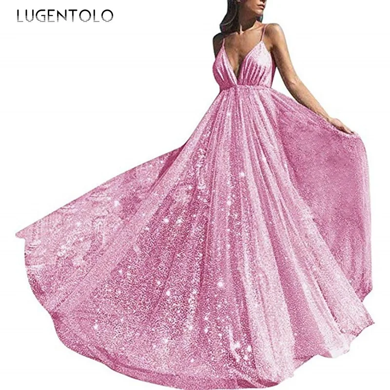 

Lugentolo Party Women's elegant Dress Sexy V-neck Sleeveless Spaghetti Strap Dinner Dress Solid Big Swing Lady Maxi Dresses